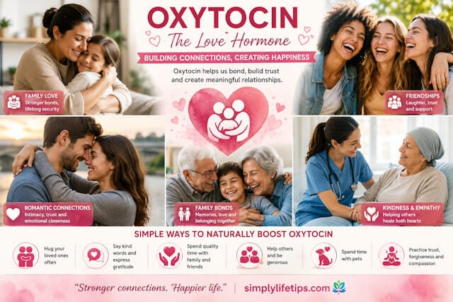 Brain Chemistry: The 4 DOSE Chemicals 5 Oxytocin infographic showing family, friendship, love, trust, and meaningful relationships that naturally increase oxytocin.
