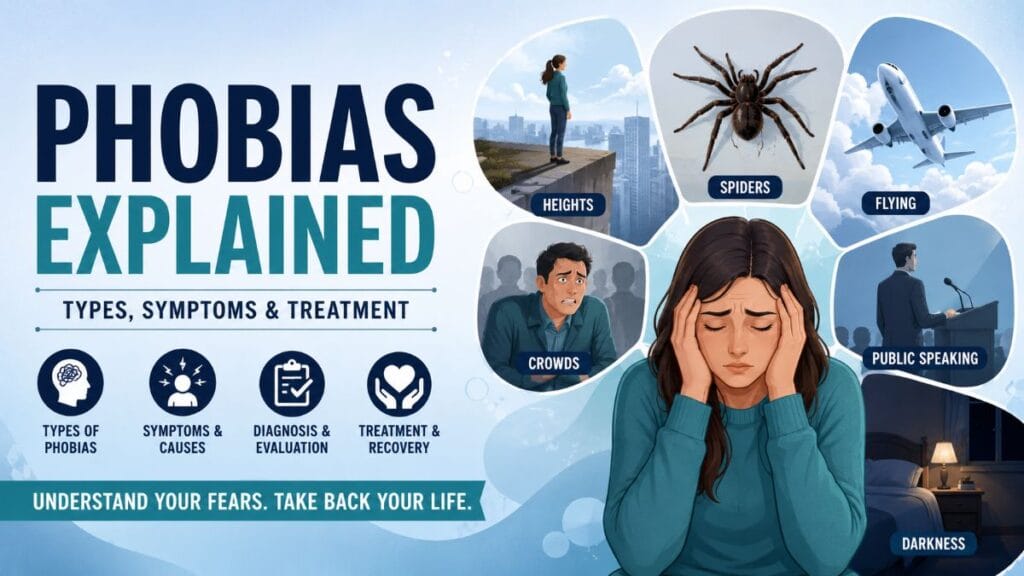 Phobias: Types, Symptoms & Treatment 7 Illustration explaining phobias with common fears including heights, spiders, flying, public speaking, crowds, and darkness, along with types, symptoms, diagnosis, and treatment.