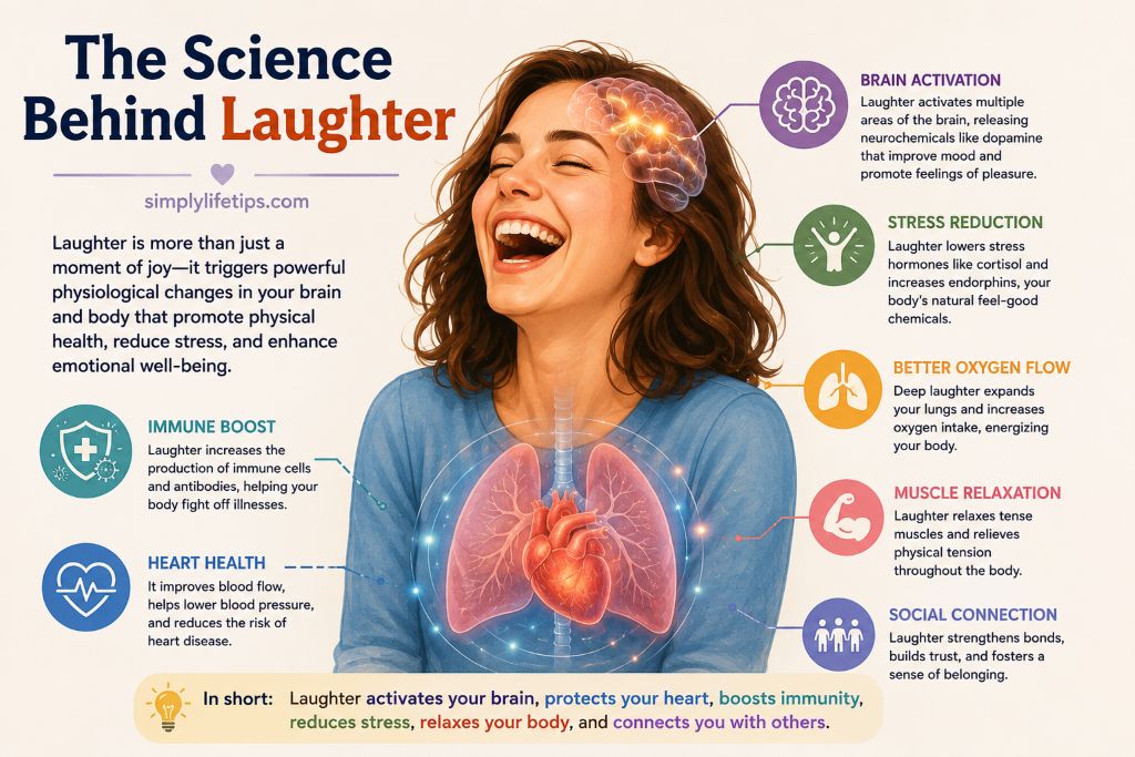 Illustration explaining the science behind laughter, showing how laughter activates the brain, heart, lungs, and immune system to improve physical and mental health.