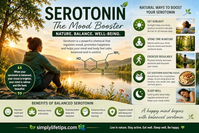 Brain Chemistry: The 4 DOSE Chemicals 6 Serotonin infographic showing nature, sunlight, exercise, healthy food, and sleep that naturally improve mood and emotional balance.