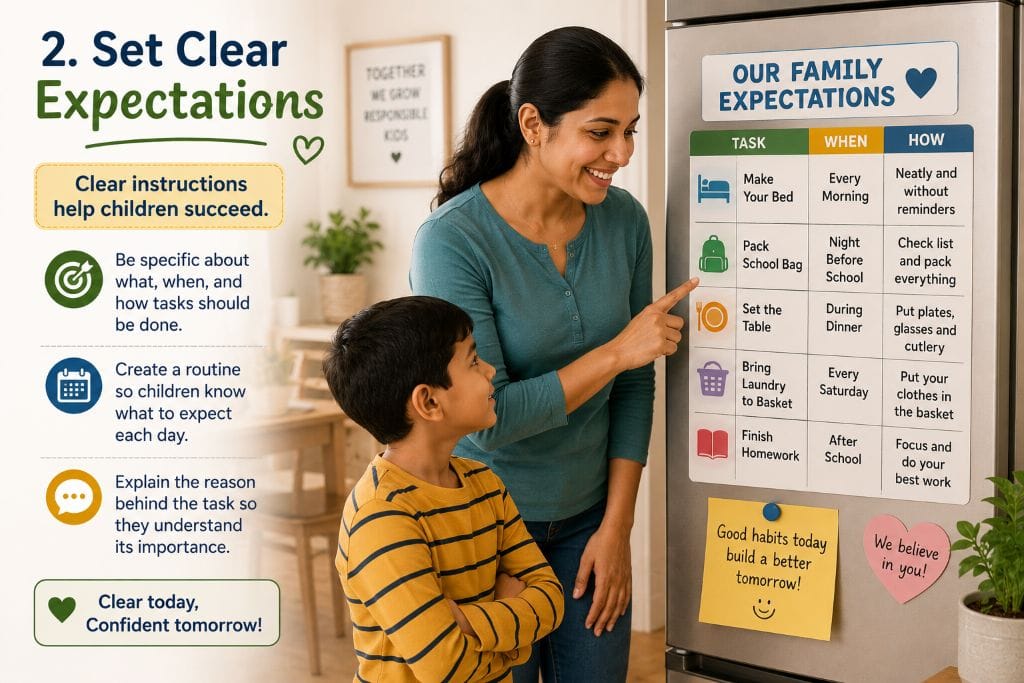 Teaching Kids Responsibility: 6 Simple Ways 5 Parent teaching a child responsibility by using a family chore chart with clear expectations and daily tasks.