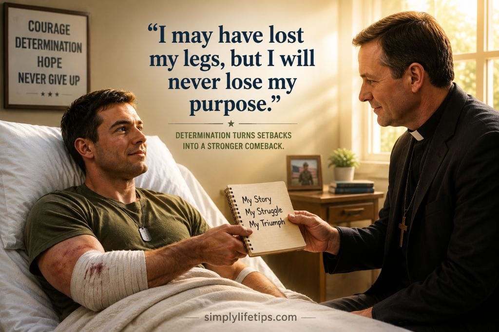 Overcome Learned Helplessness and Build Self-Confidence 3 A wounded soldier confidently speaks with a chaplain in a hospital, symbolising resilience, self-confidence, and the determination to overcome adversity.