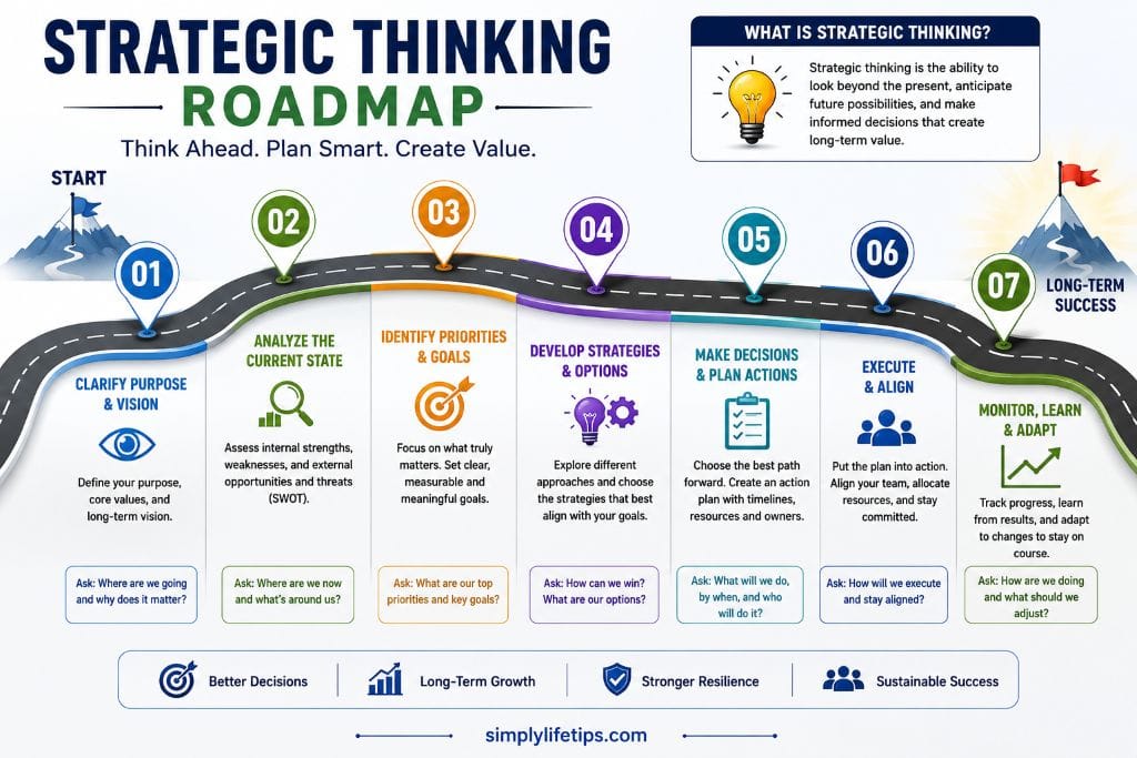 Colorful roadmap infographic illustrating the strategic thinking process, including vision, analysis, goal setting, strategy development, planning, execution, monitoring, and long-term success.