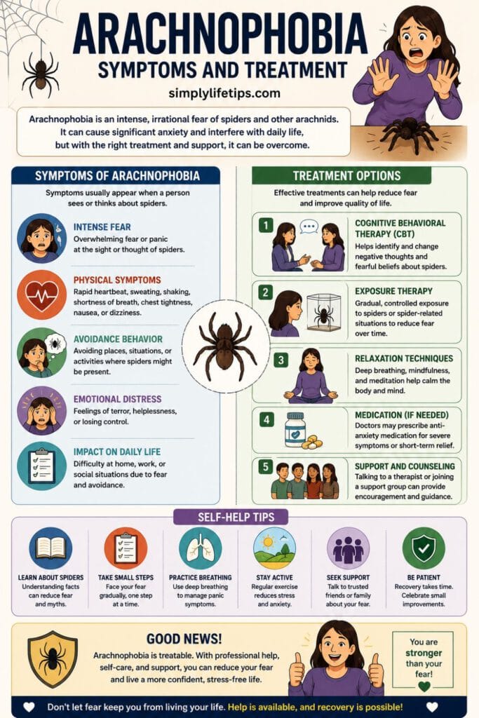 Infographic explaining the symptoms, treatment options, and self-help tips for arachnophobia