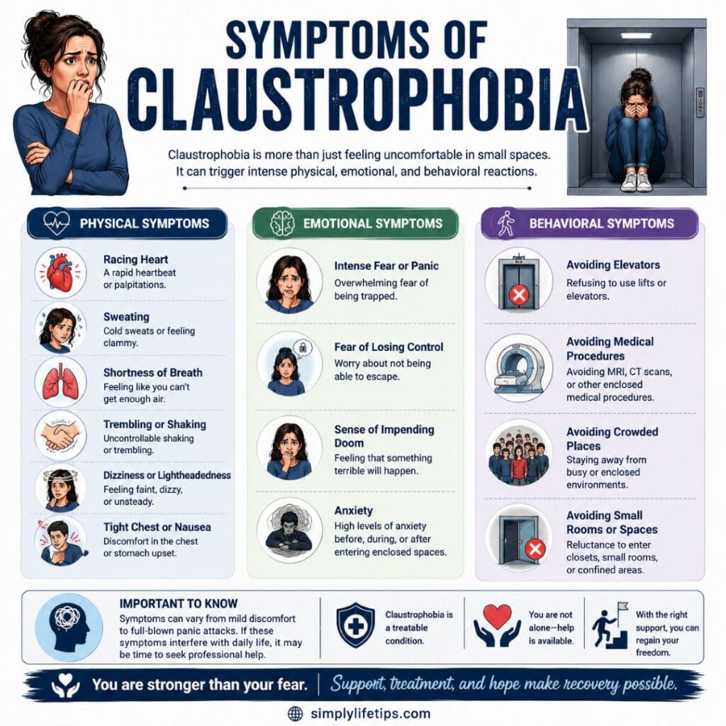 Claustrophobia: Fear of Enclosed Spaces 4 Infographic showing the physical, emotional, and behavioural symptoms of claustrophobia, including panic, sweating, rapid heartbeat, and avoidance of enclosed spaces.