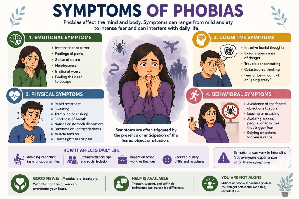 Phobias: Types, Symptoms & Treatment 7 Educational illustration showing the common symptoms of phobias, including emotional, physical, cognitive, and behavioral symptoms with examples.