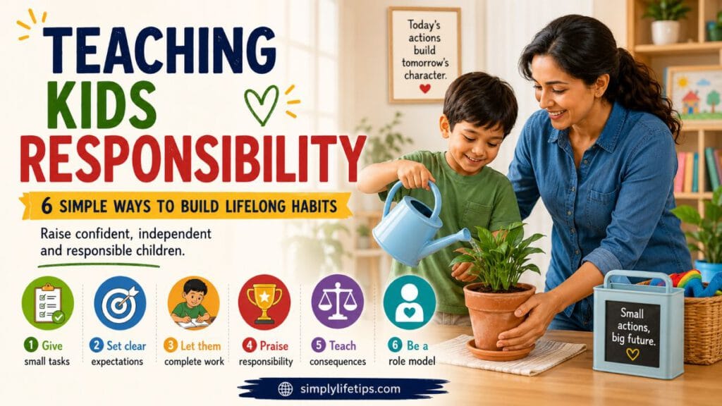 Teaching Kids Responsibility: 6 Simple Ways 6 Parent teaching kids responsibility by helping a child water a plant and learn everyday responsibilities.