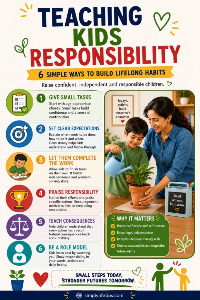 Teaching Kids Responsibility: 6 Simple Ways 6 Teaching kids responsibility infographic showing six simple ways parents can build responsibility, confidence, and independence in children.