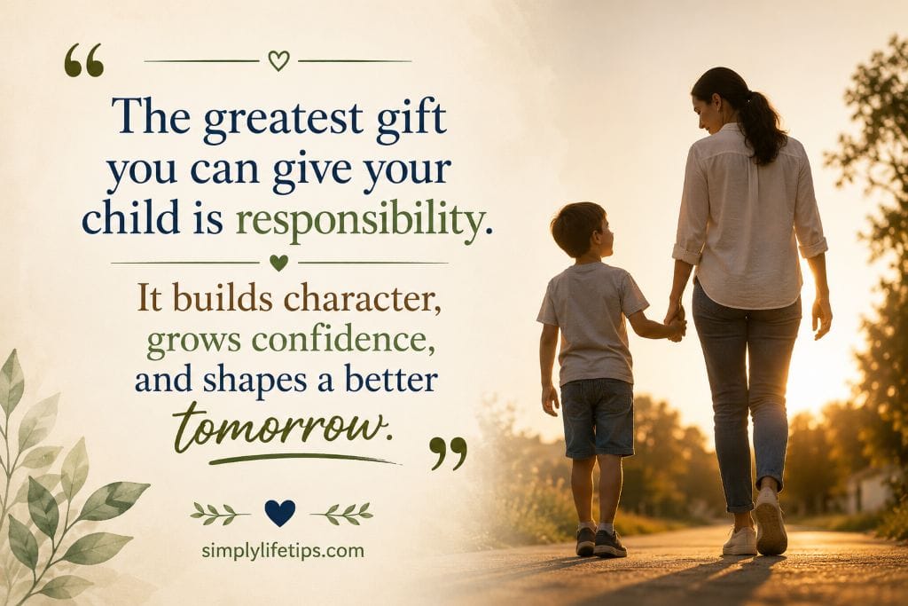 Teaching Kids Responsibility: 6 Simple Ways 7 Inspirational quote about teaching kids responsibility with a parent and child walking together at sunset.