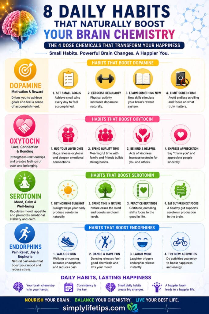 Brain Chemistry: The 4 DOSE Chemicals 3 Team DOSE infographic explaining dopamine, oxytocin, serotonin, and endorphins and how they affect happiness and mental well-being.