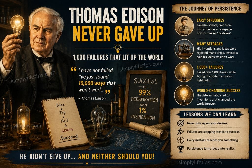 Life Challenges: Turn Obstacles into Opportunities 5 Illustration of Thomas Edison holding a glowing light bulb, symbolizing perseverance, resilience, innovation, and learning from failure.