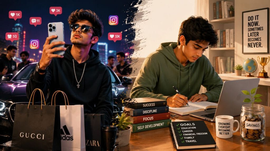 Young people choosing between fake modernity based on trends and true modern thinking based on responsibility and personal growth.
