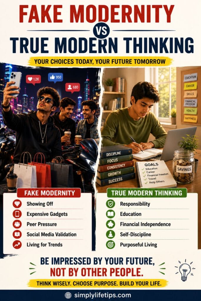 True Modern Thinking: Responsible Living Is the Real Trend 5 Pinterest infographic comparing fake modernity with true modern thinking, highlighting responsibility, education, financial independence, and purposeful living over social media trends and expensive gadgets.