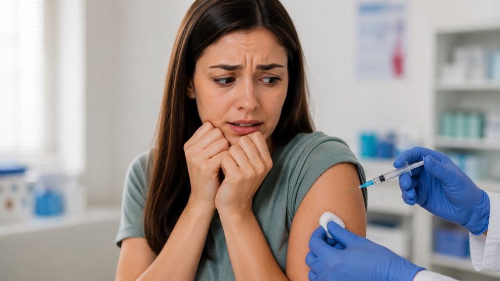 An anxious woman looking at a syringe before receiving an injection, illustrating trypanophobia or fear of needles in a medical clinic.