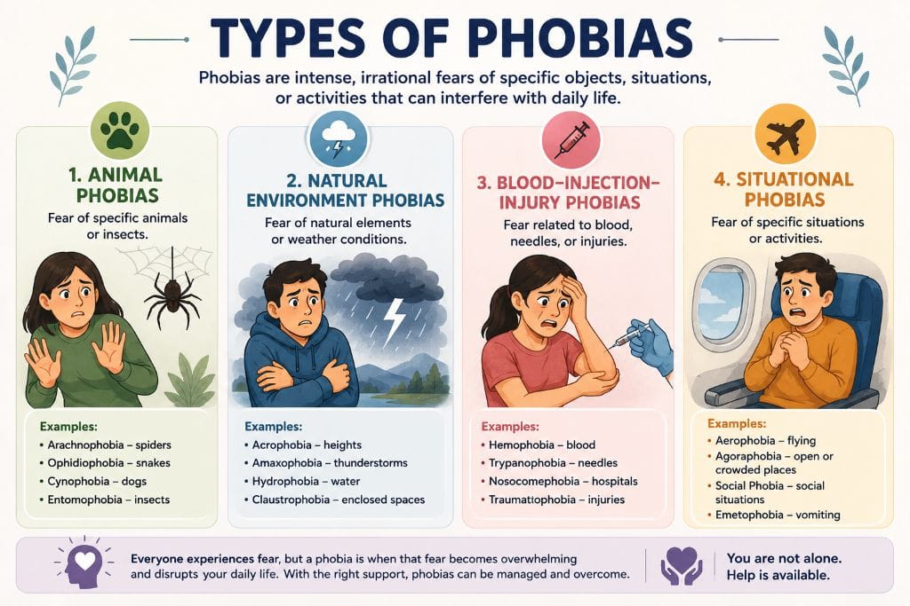 Phobias: Types, Symptoms & Treatment 5 Illustration showing the four main types of phobias: animal phobias, natural environment phobias, blood-injection-injury phobias, and situational phobias with common examples.