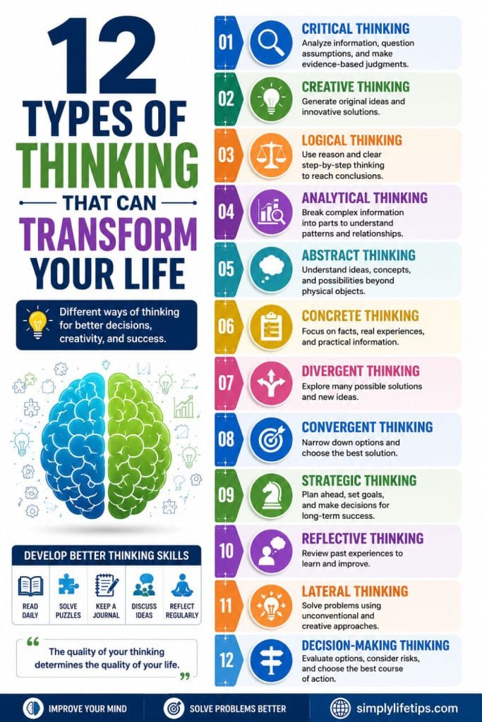Colorful infographic explaining the 12 types of thinking, including critical, creative, logical, analytical, abstract, concrete, divergent, convergent, strategic, reflective, lateral, and decision-making thinking, with simple definitions and icons.