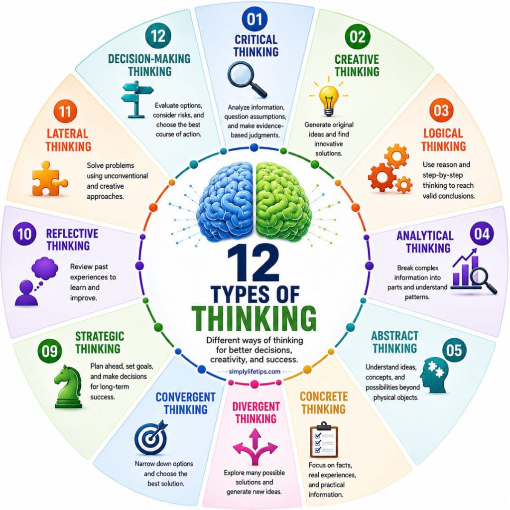 Circular infographic showing the 12 types of thinking with a brain in the center and icons representing critical, creative, logical, analytical, abstract, concrete, divergent, convergent, strategic, reflective, lateral, and decision-making thinking.