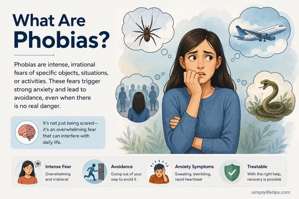 Phobias: Types, Symptoms & Treatment 3 Educational illustration explaining what phobias are, showing a person experiencing anxiety about spiders, snakes, flying, and crowds with common phobia symptoms and avoidance behavior.