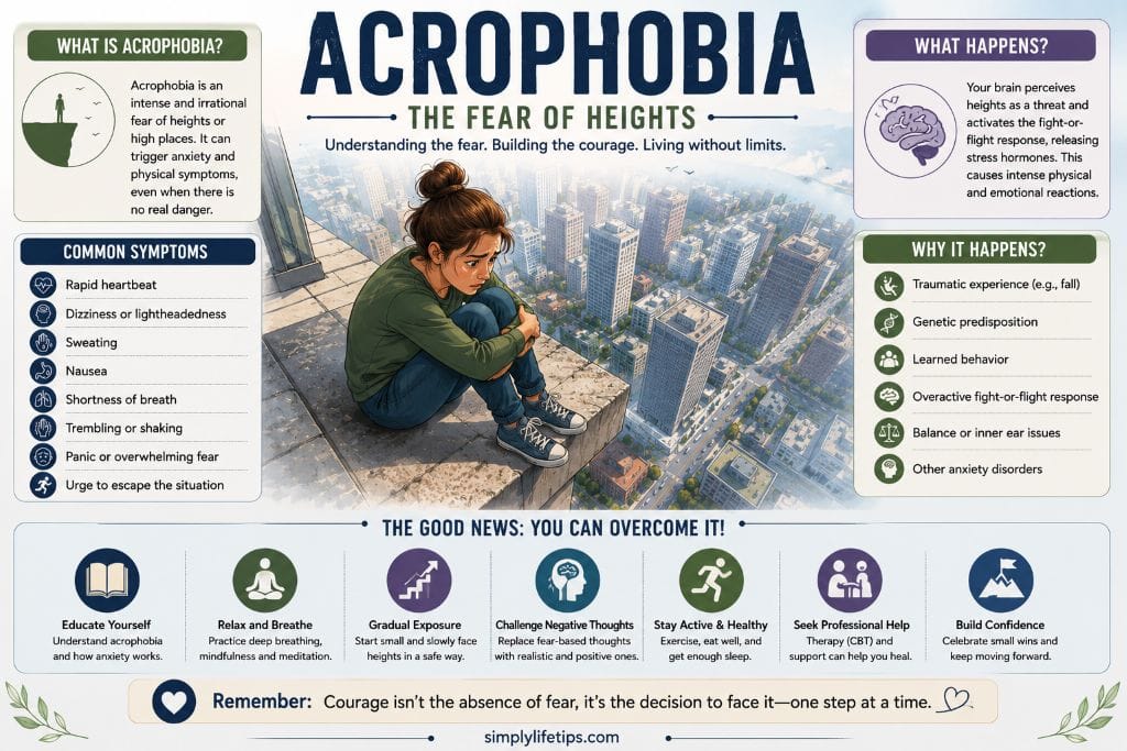 Illustration showing a person experiencing acrophobia while sitting near the edge of a tall building, highlighting symptoms and causes of the fear of heights.