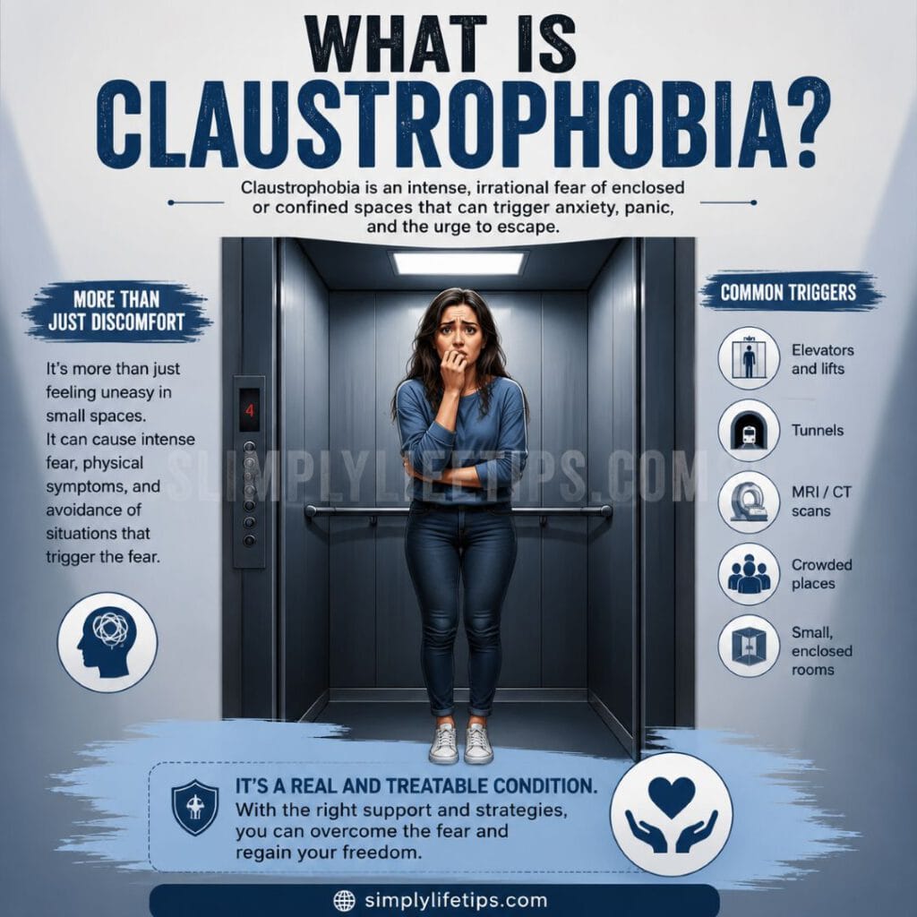 Claustrophobia: Fear of Enclosed Spaces 3 Illustration showing a person experiencing claustrophobia inside an elevator with common triggers of the fear of enclosed spaces.