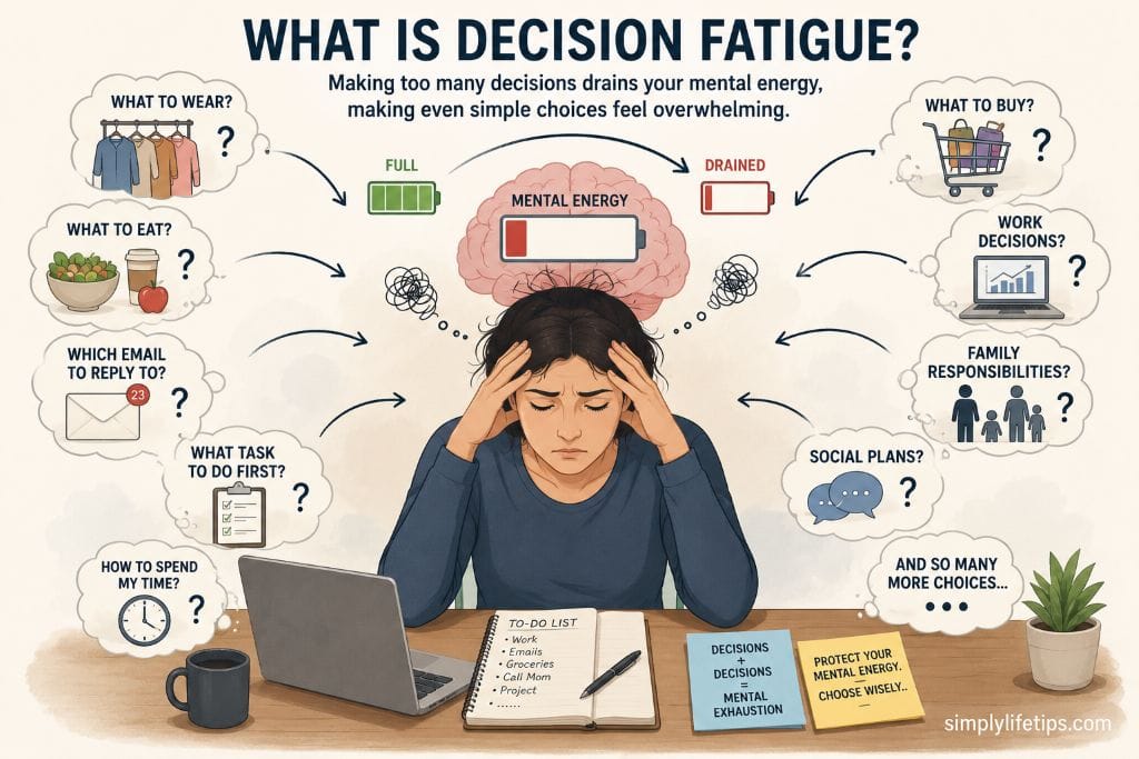 Decision Fatigue: Signs, Causes, and Simple Ways to Overcome It 3 Illustration showing a person overwhelmed by everyday decisions as mental energy gradually drains, explaining the concept of decision fatigue.