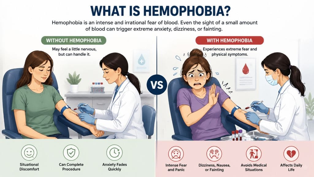 Split illustration comparing a calm patient during a routine blood test with a person experiencing intense anxiety due to hemophobia.