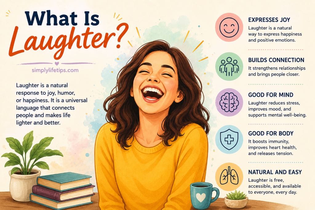 Illustration showing a smiling person laughing joyfully to explain what laughter is and how it naturally expresses positive emotions.