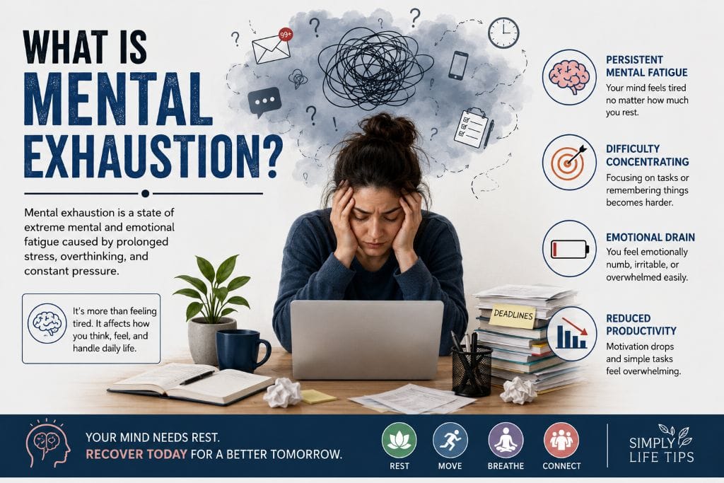Mental Exhaustion: Signs, Causes, and Ways to Recover 3 Infographic explaining mental exhaustion, including persistent mental fatigue, difficulty concentrating, emotional drain, and reduced productivity.