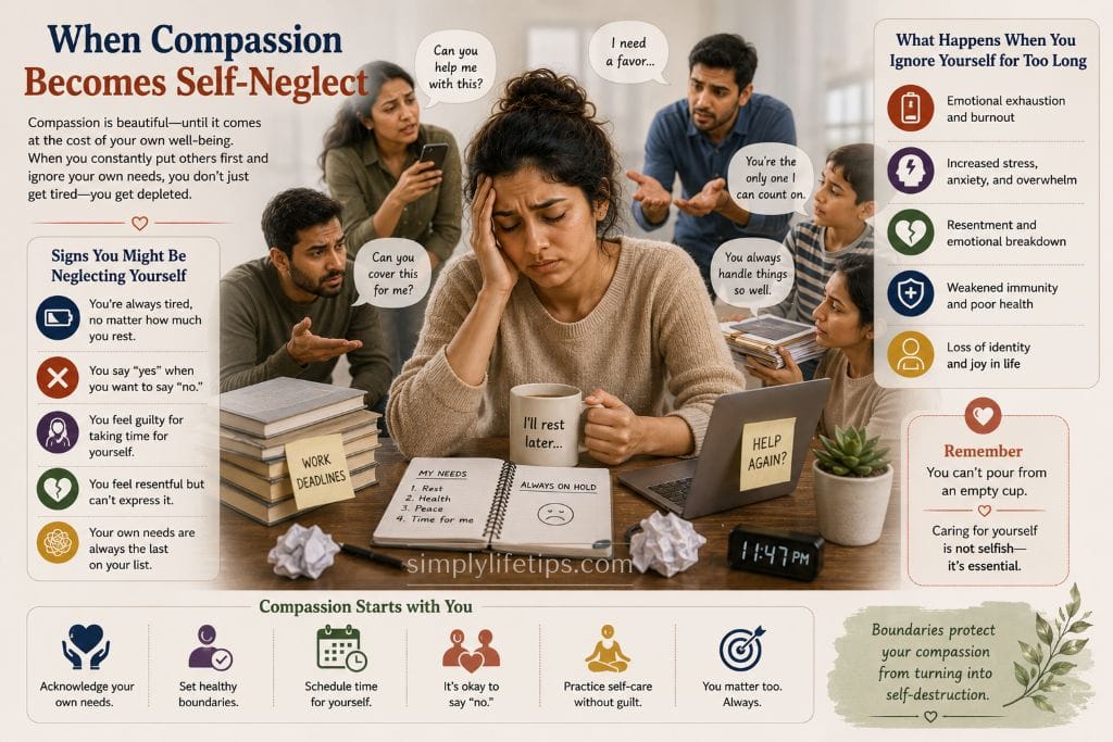 Altruistic Personality: Why Kind People Get Exploited 7 An emotionally exhausted woman overwhelmed by other people's demands while neglecting her own needs, illustrating how excessive compassion can lead to self-neglect and burnout.