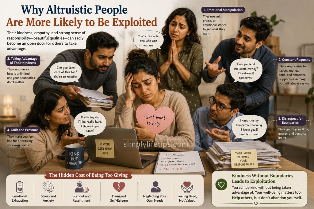 Altruistic Personality: Why Kind People Get Exploited 6 A compassionate woman overwhelmed by constant requests for help, money, and extra responsibilities, illustrating how altruistic people can be exploited when healthy boundaries are absent.