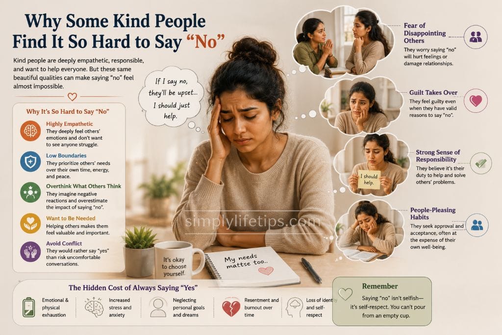 Altruistic Personality: Why Kind People Get Exploited 5 Illustration showing a compassionate person struggling to say no because of empathy, guilt, and fear of disappointing others.
