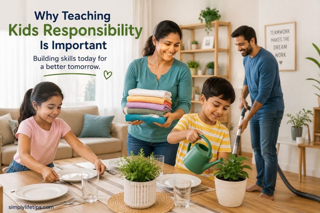 Teaching Kids Responsibility: 6 Simple Ways 3 Family working together on household chores as parents teach children responsibility through everyday activities.Everyday family responsibilities help children develop confidence, teamwork, accountability, and valuable life skills.