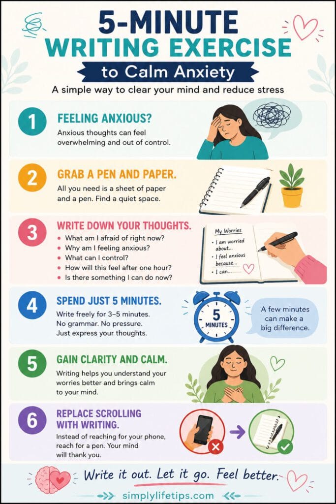 Infographic explaining a 5-minute writing exercise that helps reduce anxiety by writing down worries instead of scrolling on a smartphone.