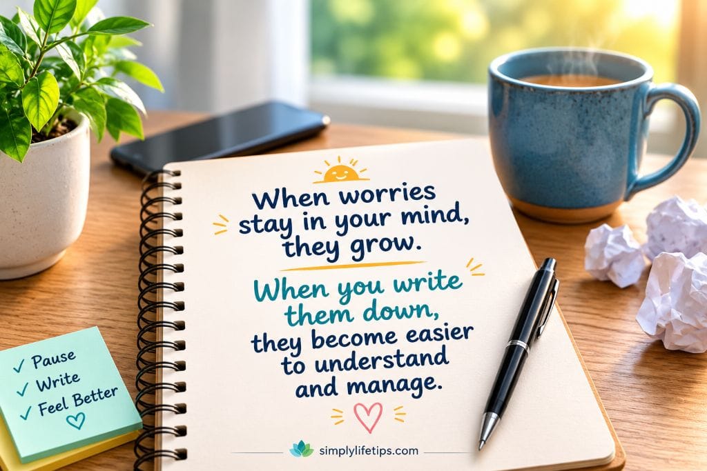Inspirational quote about writing down worries to reduce anxiety, displayed on a notebook with a pen and the Simply Life Tips watermark.