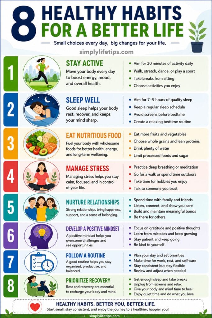 Healthy Habits for a Better Life: 8 Simple Habits to Follow 3 8 healthy habits for a better life including physical activity, sleep, nutrition, stress management, relationships, mindset, routine, and recovery