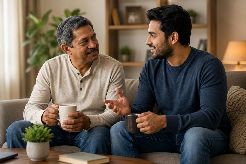 Relationship With Father: 7 Attitudes That Can Hurt Him 4 Father and son talking together over coffee at home