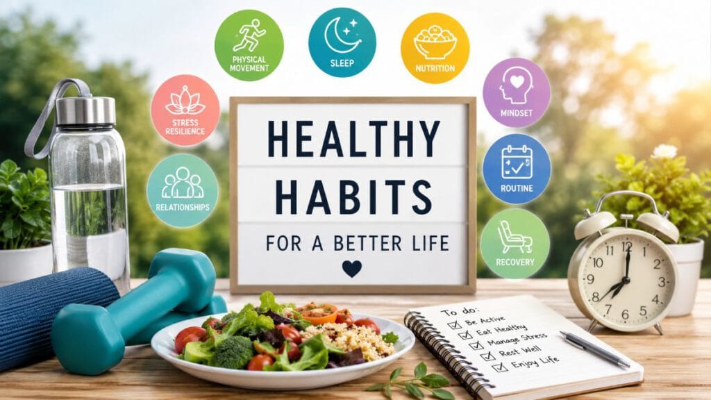 Healthy habits for a better life including movement, sleep, nutrition, stress resilience, relationships, mindset, routine, and recovery