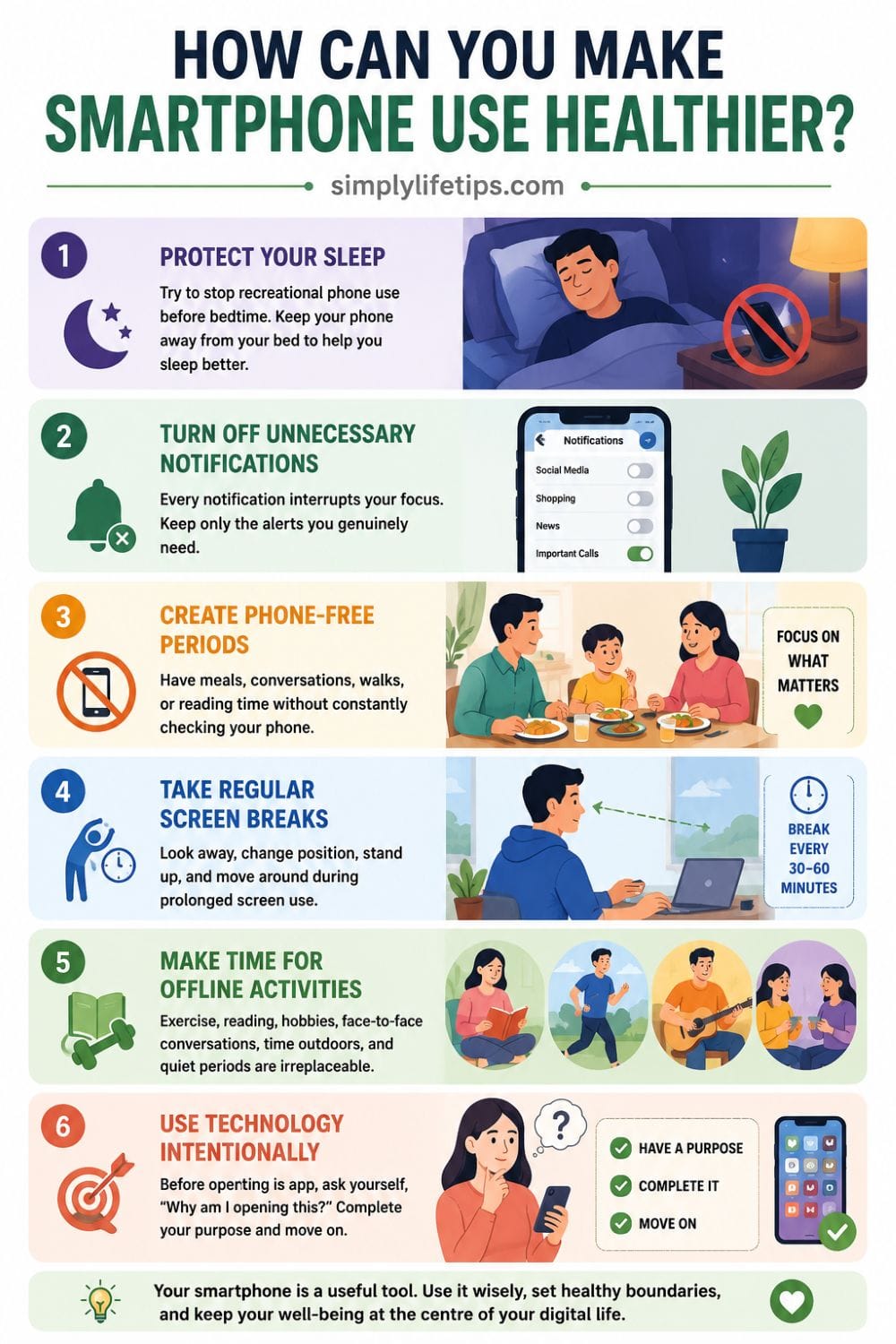 Mobile Phone Radiation: Can It Cause Brain Tumors? 4 Infographic showing six healthy smartphone use habits including protecting sleep, turning off notifications, taking screen breaks, and using technology intentionally