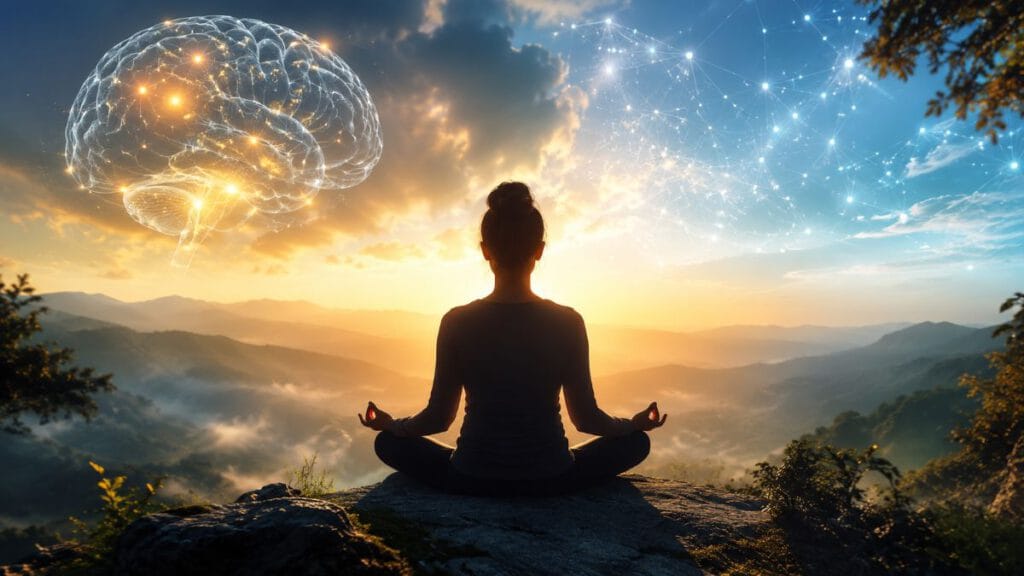 Science of spirituality showing meditation, the human brain, and inner awareness in nature