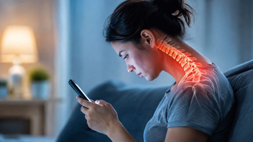 Person looking down at a smartphone with neck strain associated with Text Neck Syndrome