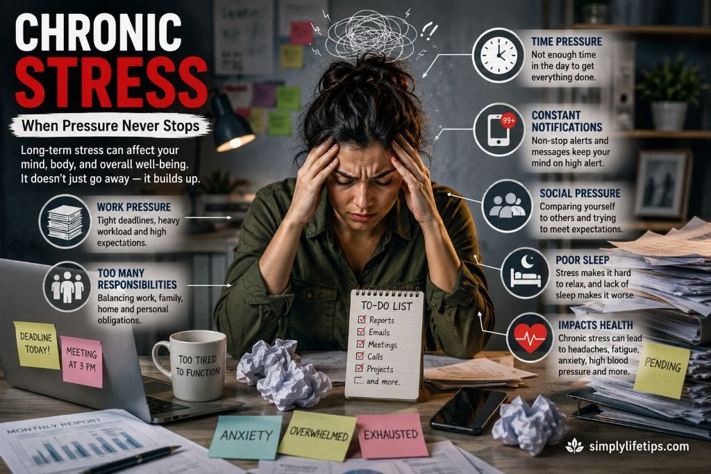 Woman experiencing chronic stress from work pressure responsibilities notifications and poor sleep