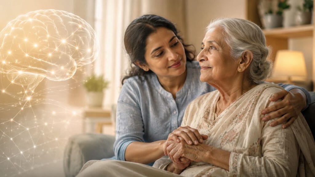Elderly woman receiving compassionate care and reassurance from a family caregiver