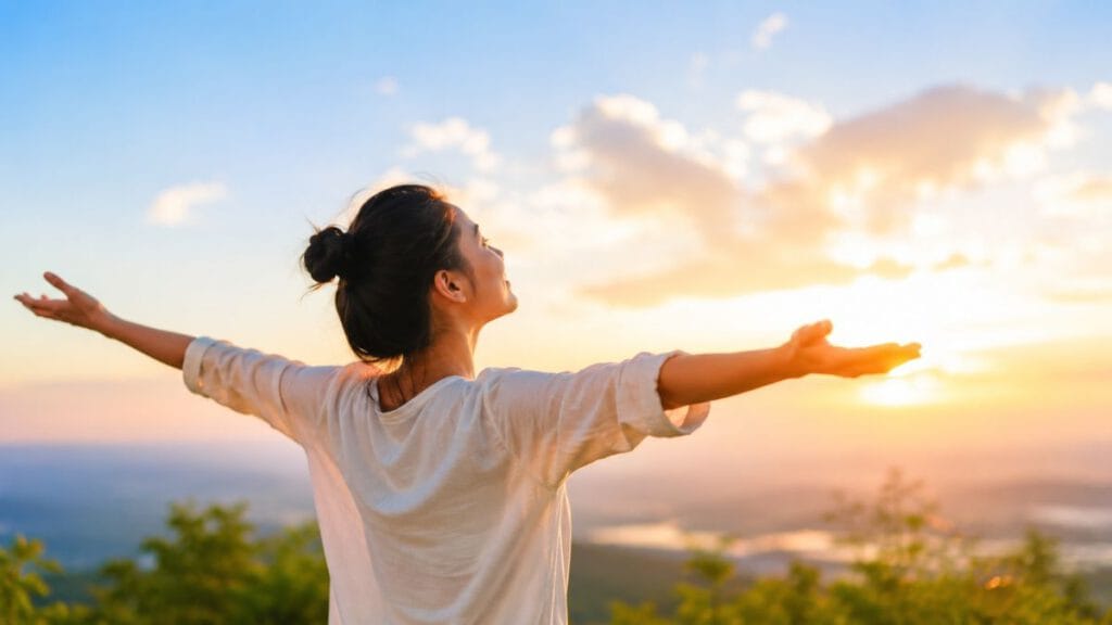 Woman standing outdoors with arms open, feeling confident and free