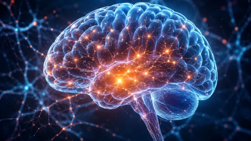 Neuroplasticity of the brain showing glowing neural connections