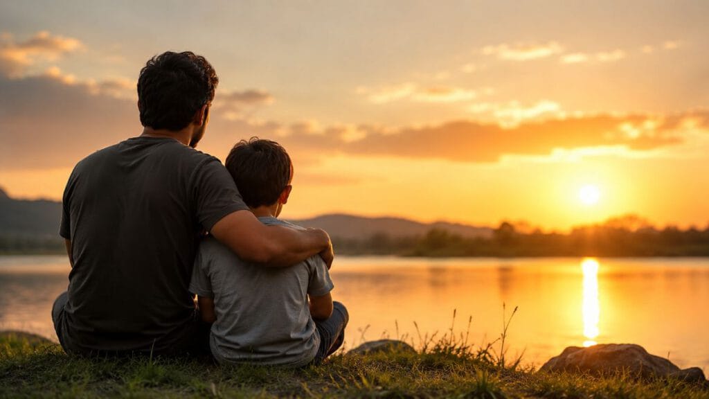 Relationship With Father: 7 Attitudes That Can Hurt Him 1 Relationship with Father - A Father and son sitting together by a lake at sunset