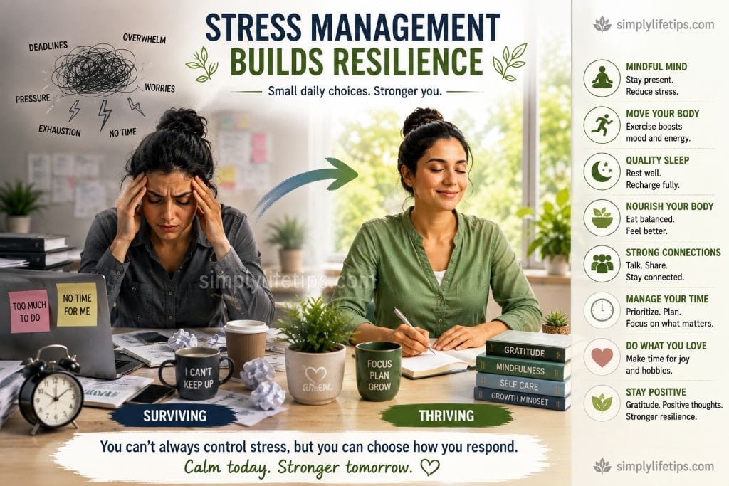 Stress management habits helping a woman move from overwhelm to resilience