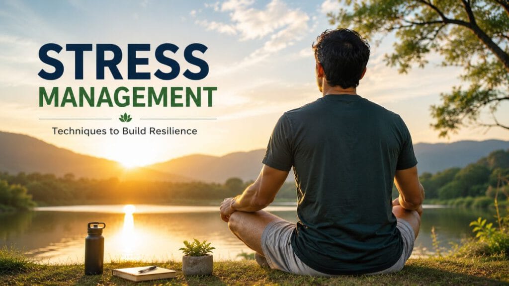 Man practicing stress management through meditation beside a peaceful lake