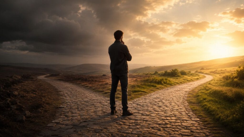 Person standing at a fork in the road representing the sunk cost fallacy and future decision-making