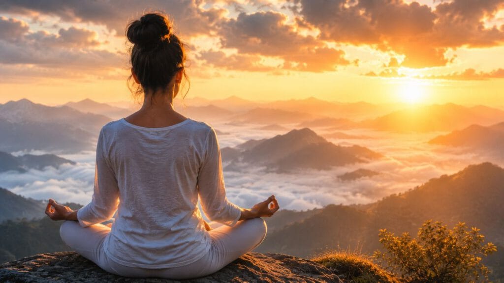 Person meditating at sunrise overlooking mountains, symbolizing enlightenment and inner awakening