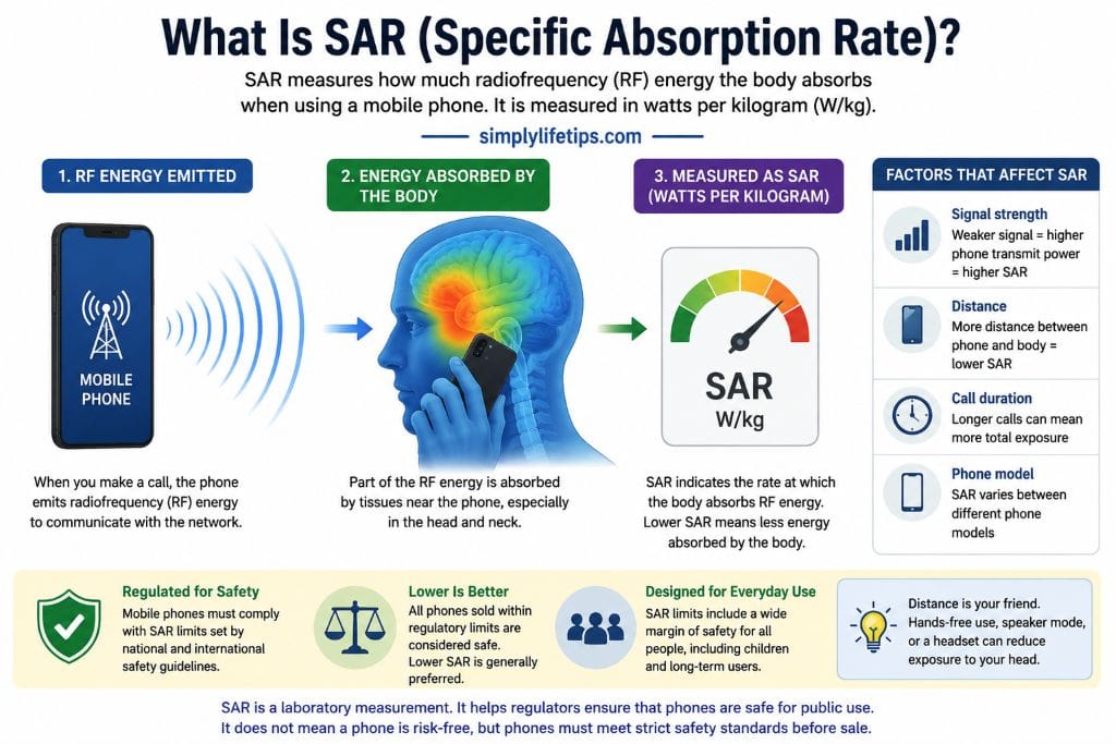 Mobile Phone Radiation: Can It Cause Brain Tumors? 3 Infographic explaining SAR and how mobile phone RF energy is absorbed by the body